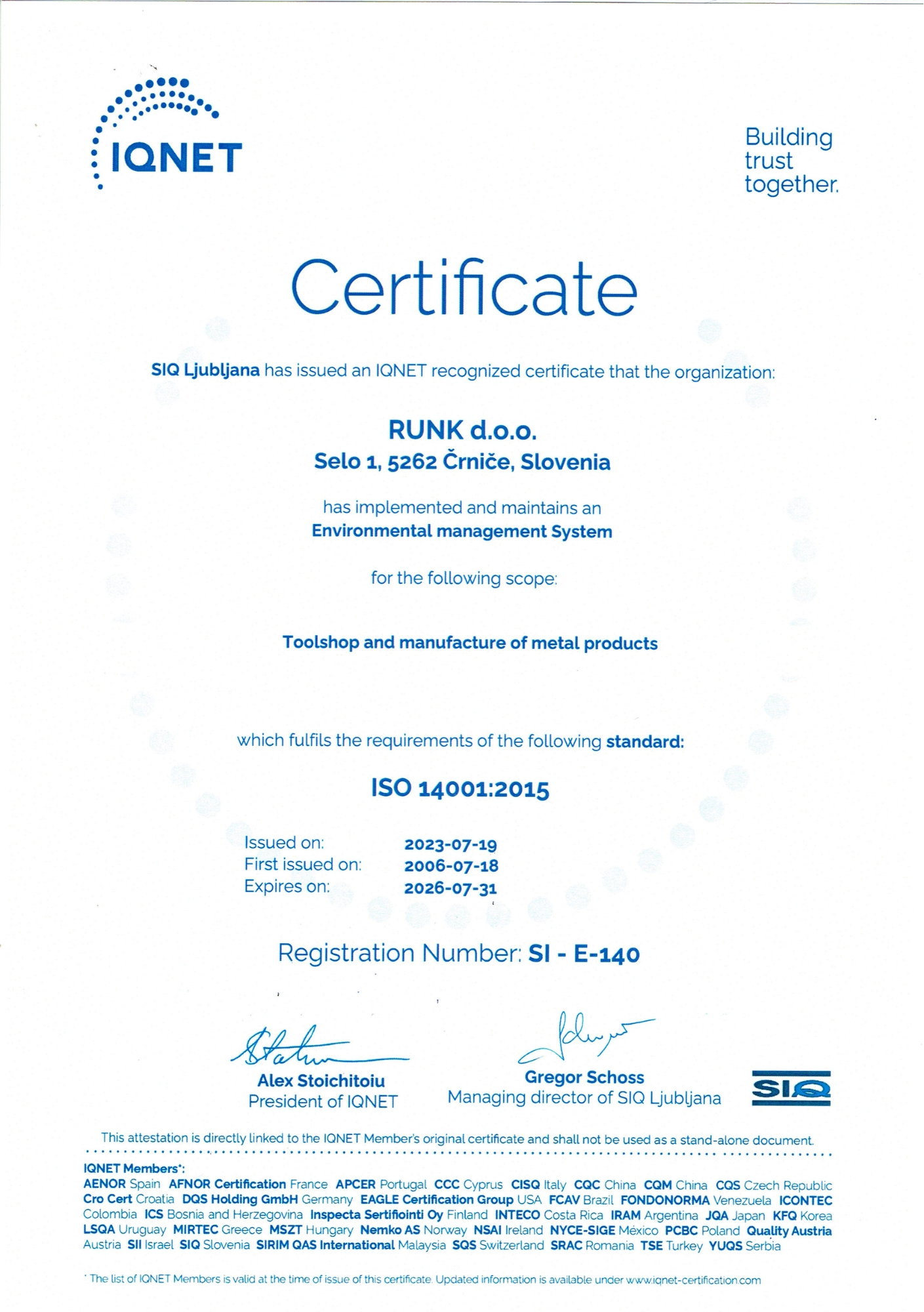Certificate ISO 14001 Certificate ISO 14001